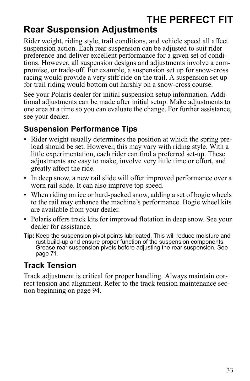 The perfect fit, Rear suspension adjustments | Polaris 2010 Trail RMK User Manual | Page 36 / 133