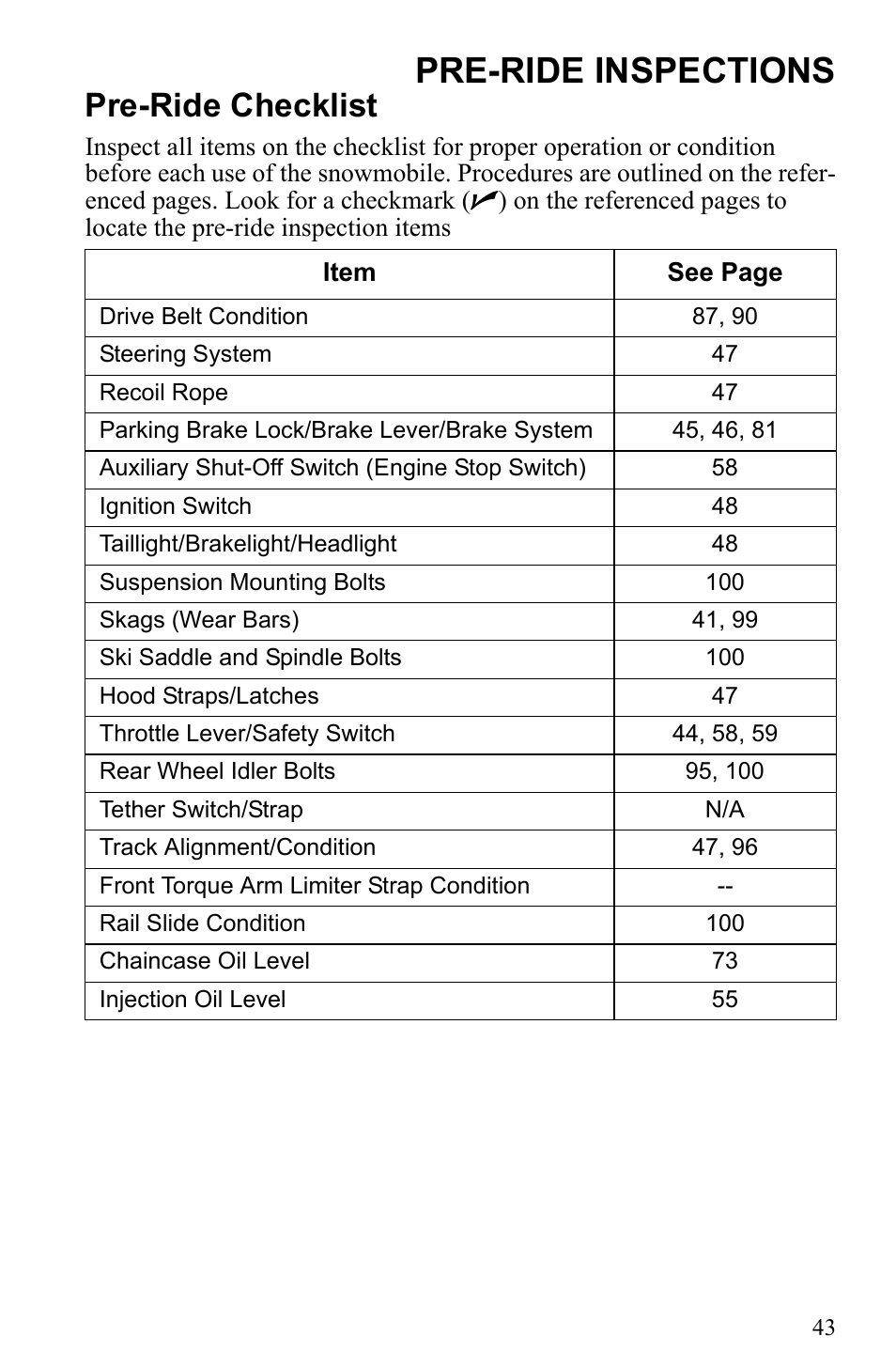 Pre-ride inspections, Pre-ride checklist | Polaris 2010 Trail RMK User Manual | Page 46 / 133