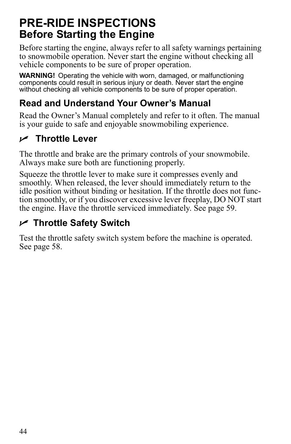 Pre-ride inspections, Before starting the engine | Polaris 2010 Trail RMK User Manual | Page 47 / 133