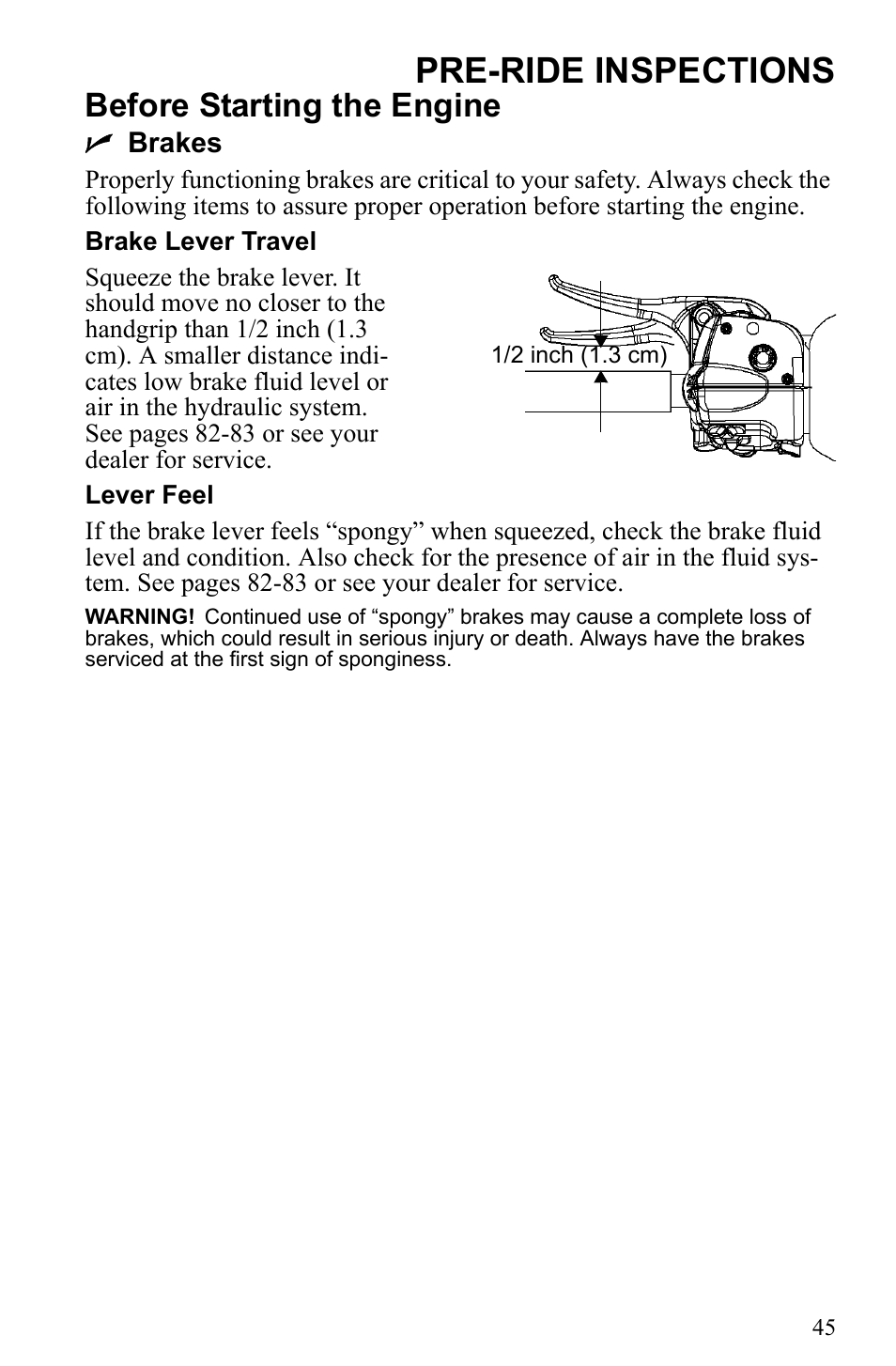 Pre-ride inspections, Before starting the engine | Polaris 2010 Trail RMK User Manual | Page 48 / 133