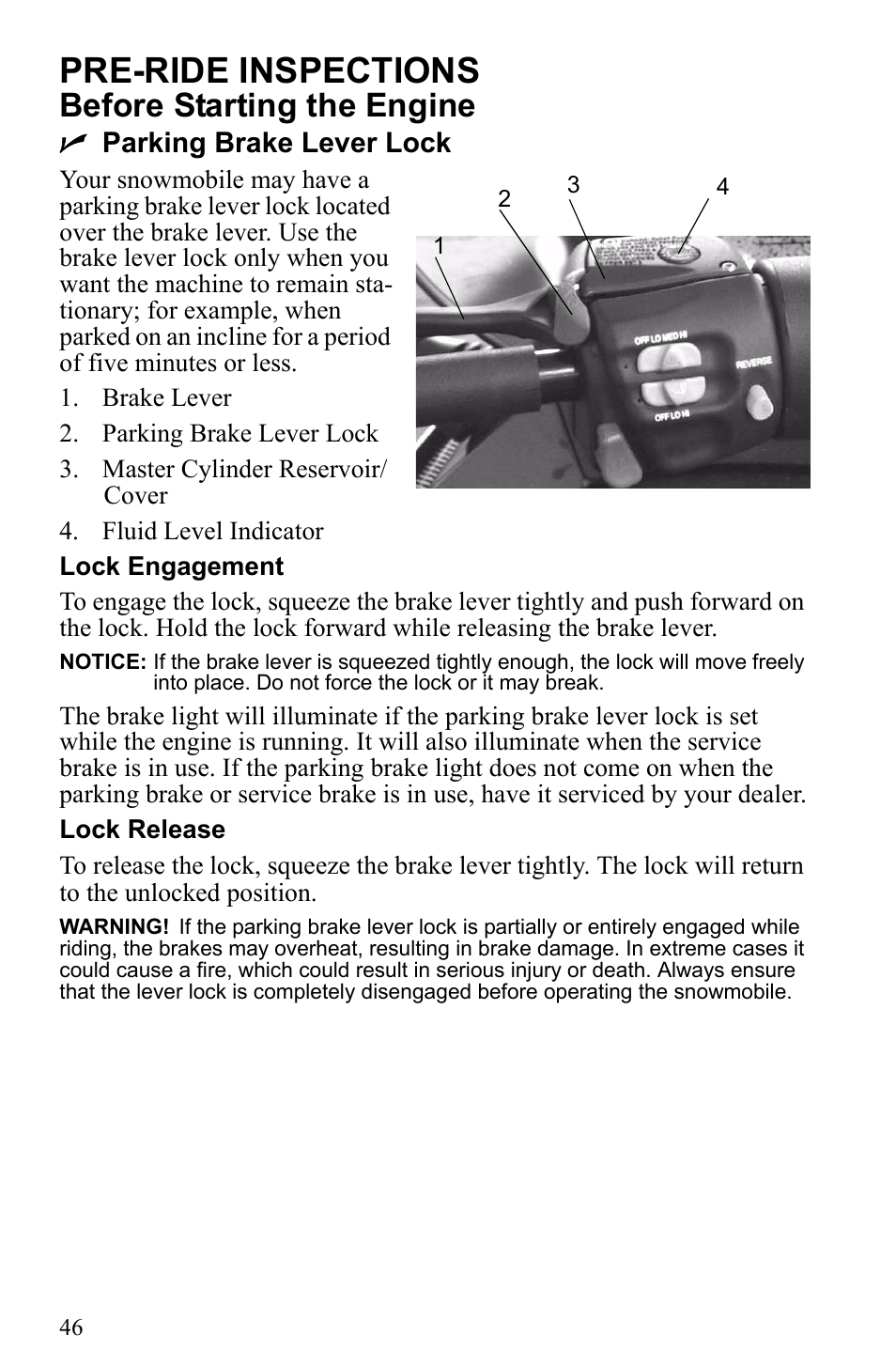 Pre-ride inspections, Before starting the engine, Nparking brake lever lock | Polaris 2010 Trail RMK User Manual | Page 49 / 133