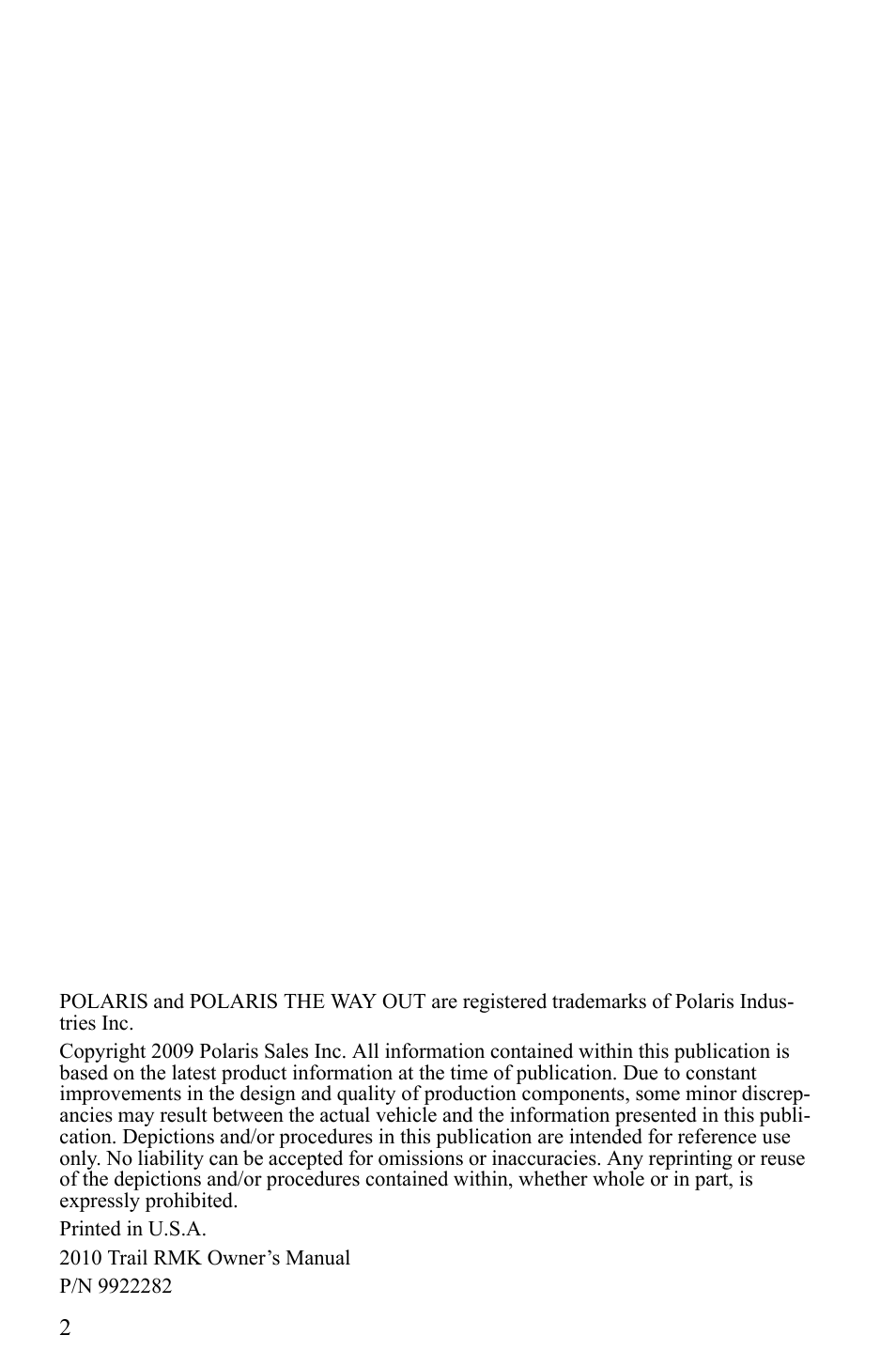 Polaris 2010 Trail RMK User Manual | Page 5 / 133