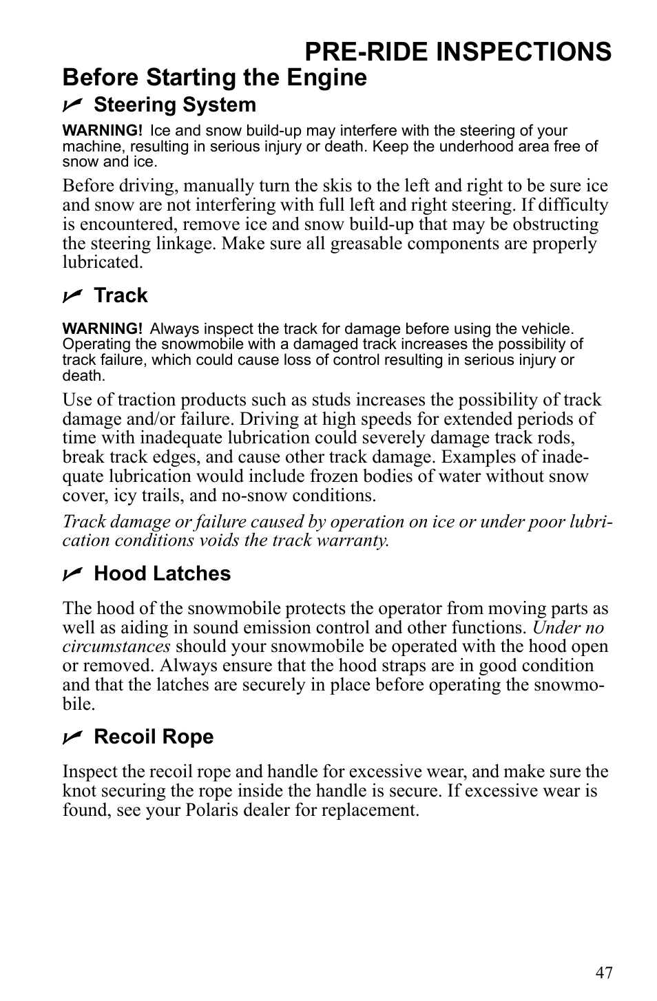 Pre-ride inspections, Before starting the engine | Polaris 2010 Trail RMK User Manual | Page 50 / 133