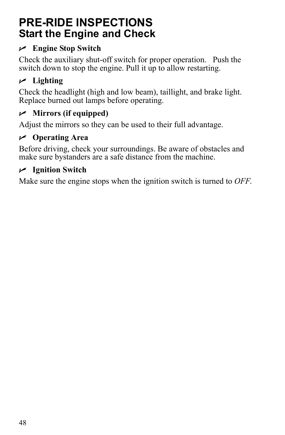 Pre-ride inspections, Start the engine and check | Polaris 2010 Trail RMK User Manual | Page 51 / 133