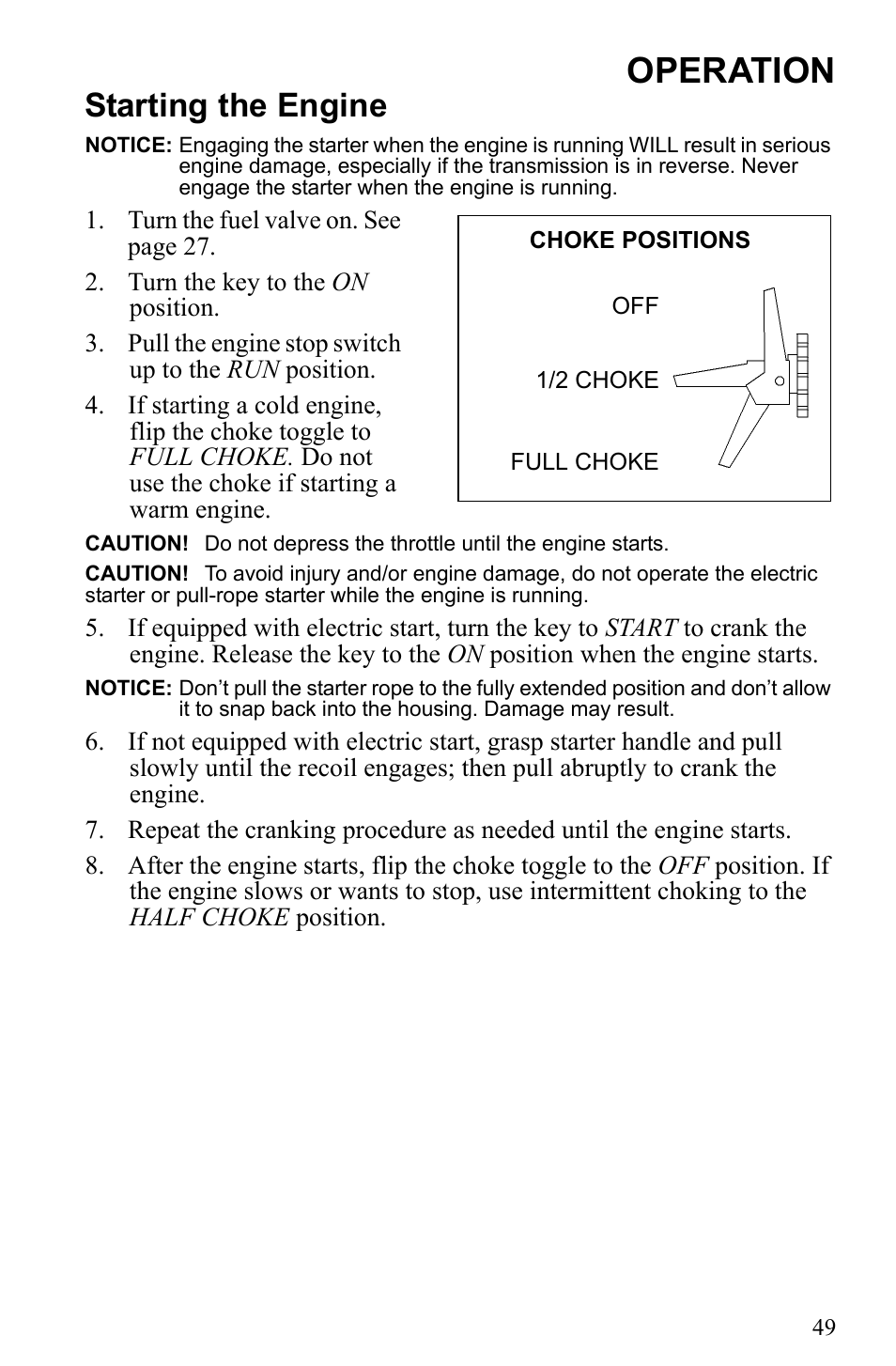 Operation, Starting the engine | Polaris 2010 Trail RMK User Manual | Page 52 / 133