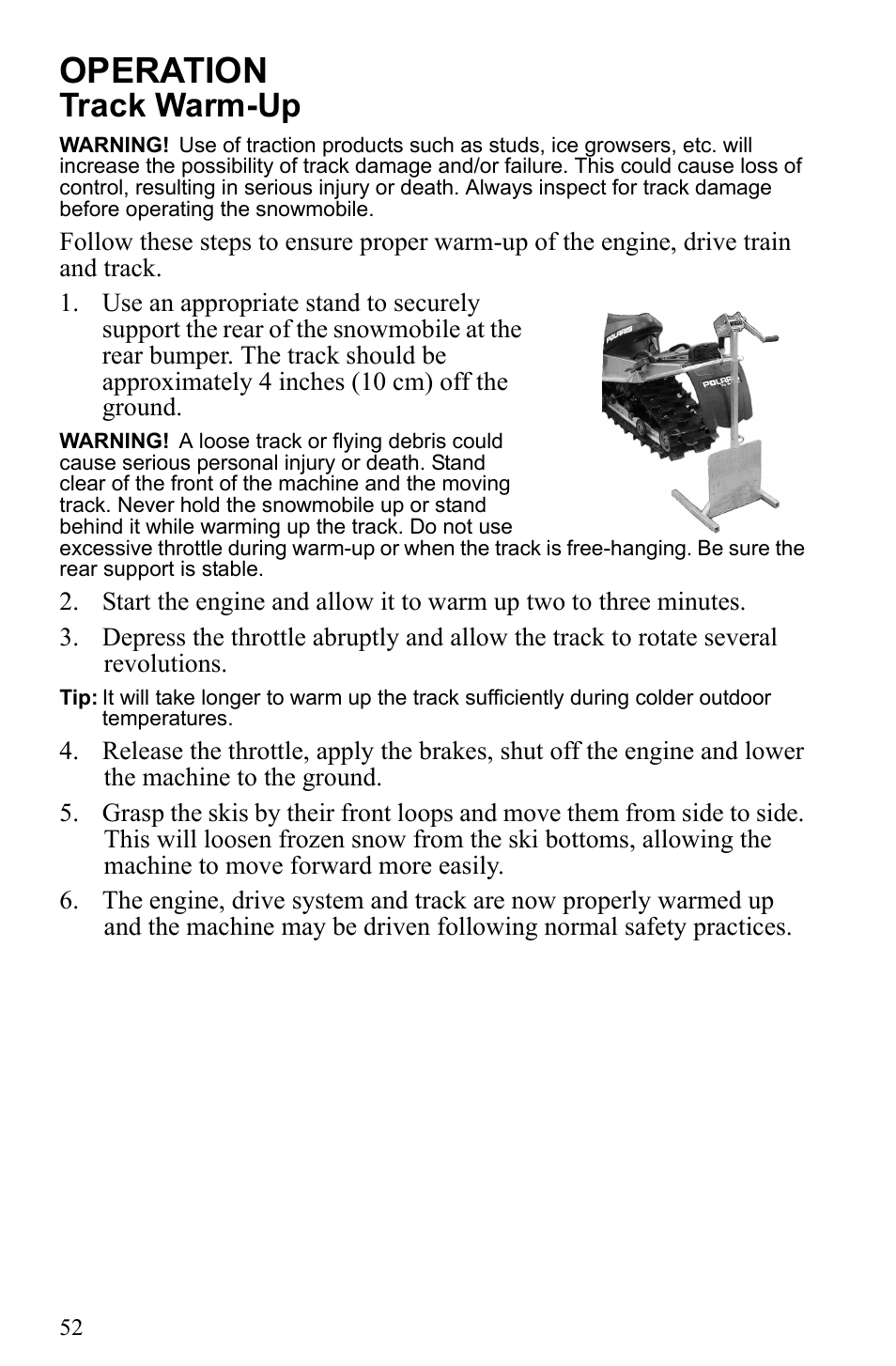 Operation, Track warm-up | Polaris 2010 Trail RMK User Manual | Page 55 / 133