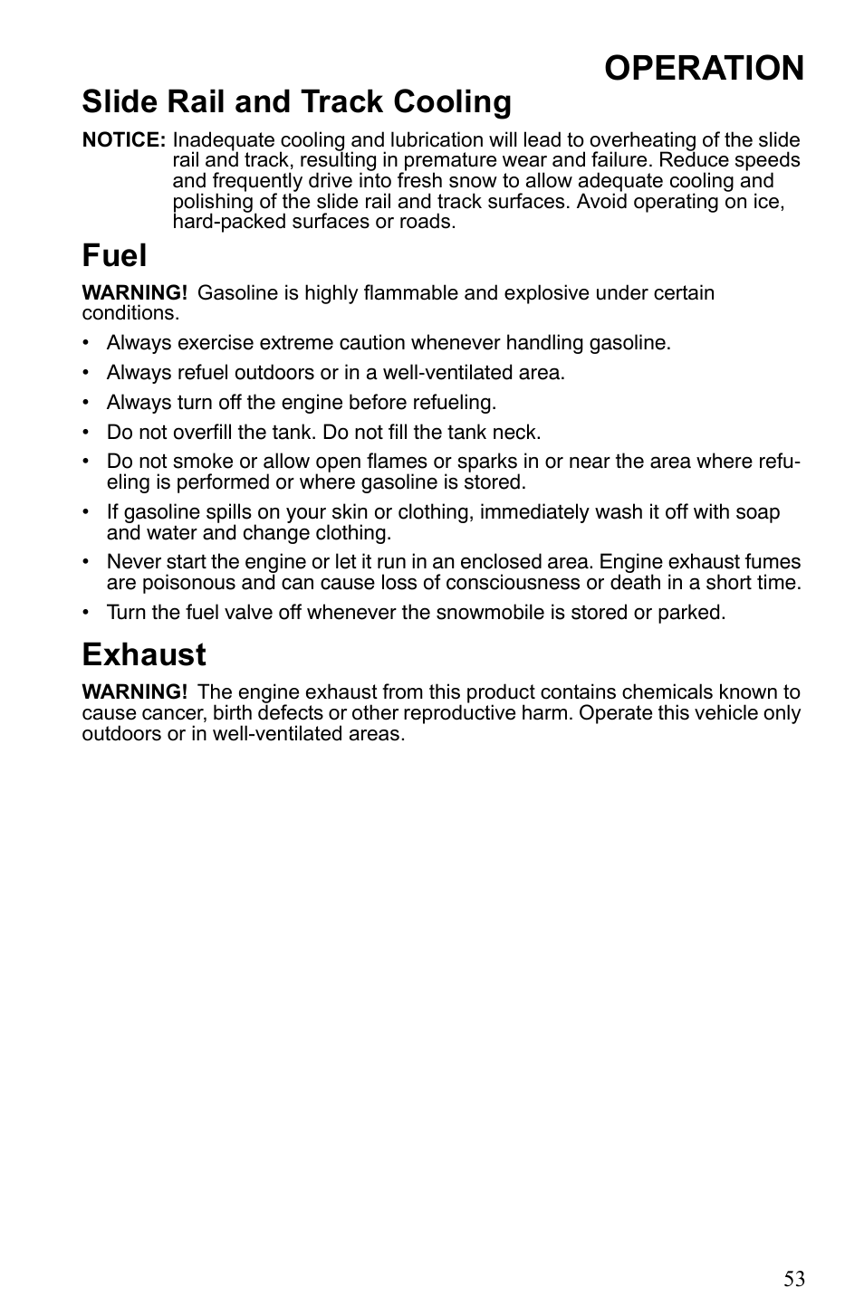 Operation, Slide rail and track cooling, Fuel | Exhaust | Polaris 2010 Trail RMK User Manual | Page 56 / 133