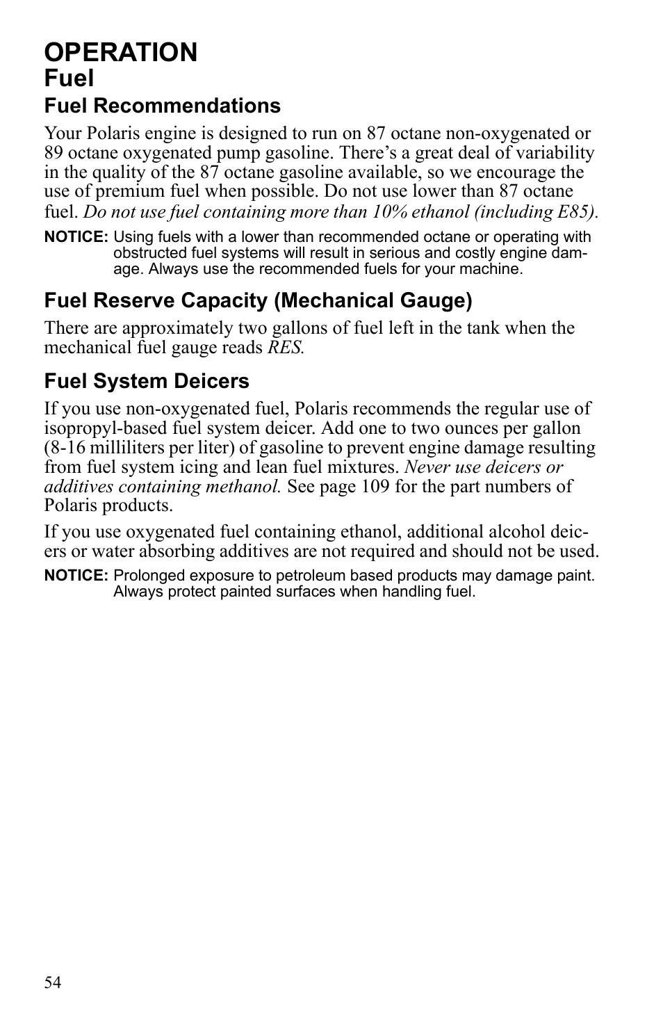 Operation, Fuel | Polaris 2010 Trail RMK User Manual | Page 57 / 133