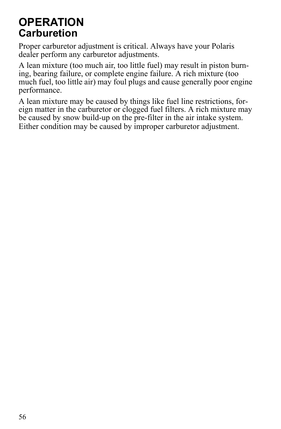 Operation, Carburetion | Polaris 2010 Trail RMK User Manual | Page 59 / 133