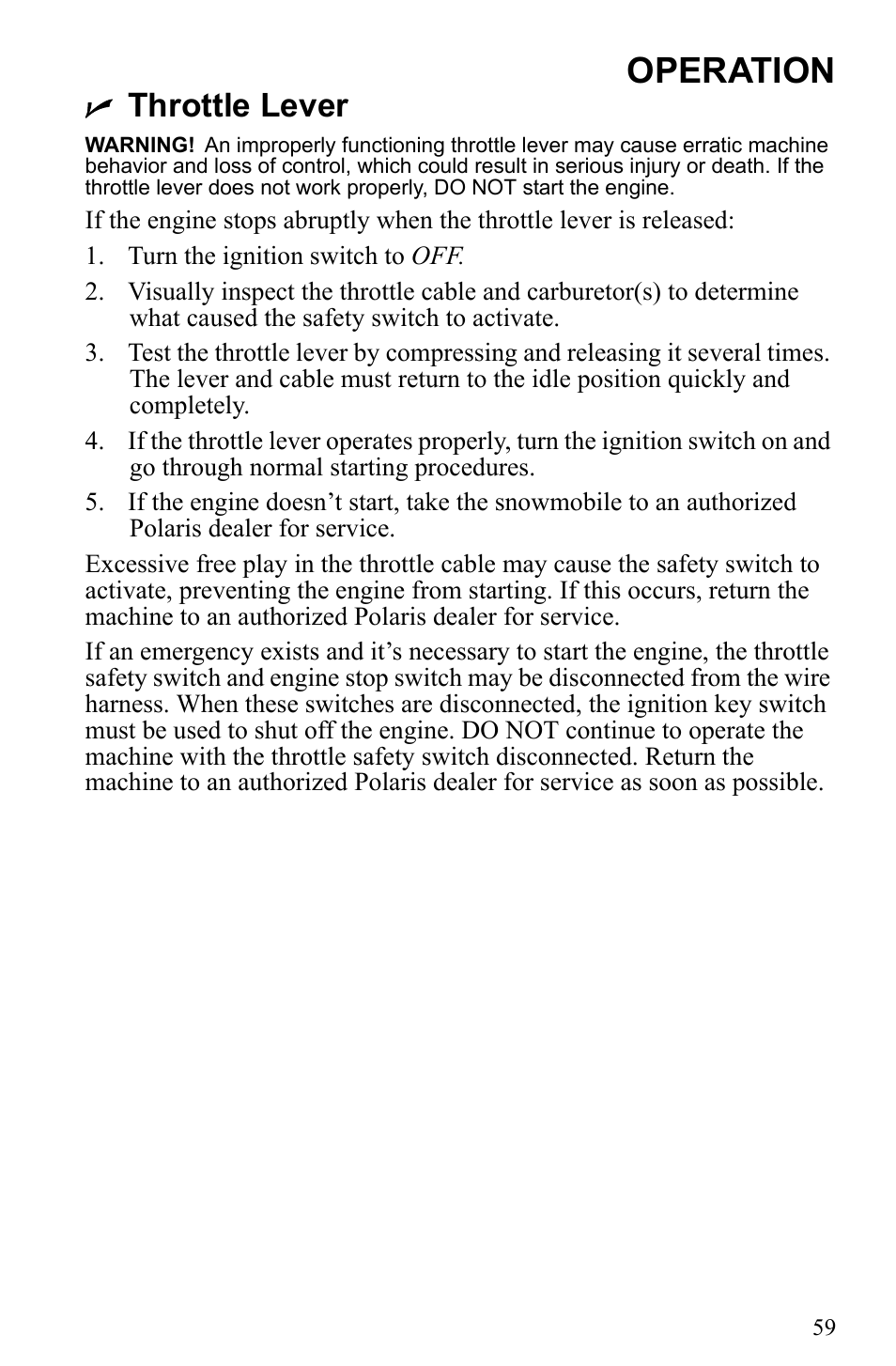 Operation, Throttle lever | Polaris 2010 Trail RMK User Manual | Page 62 / 133