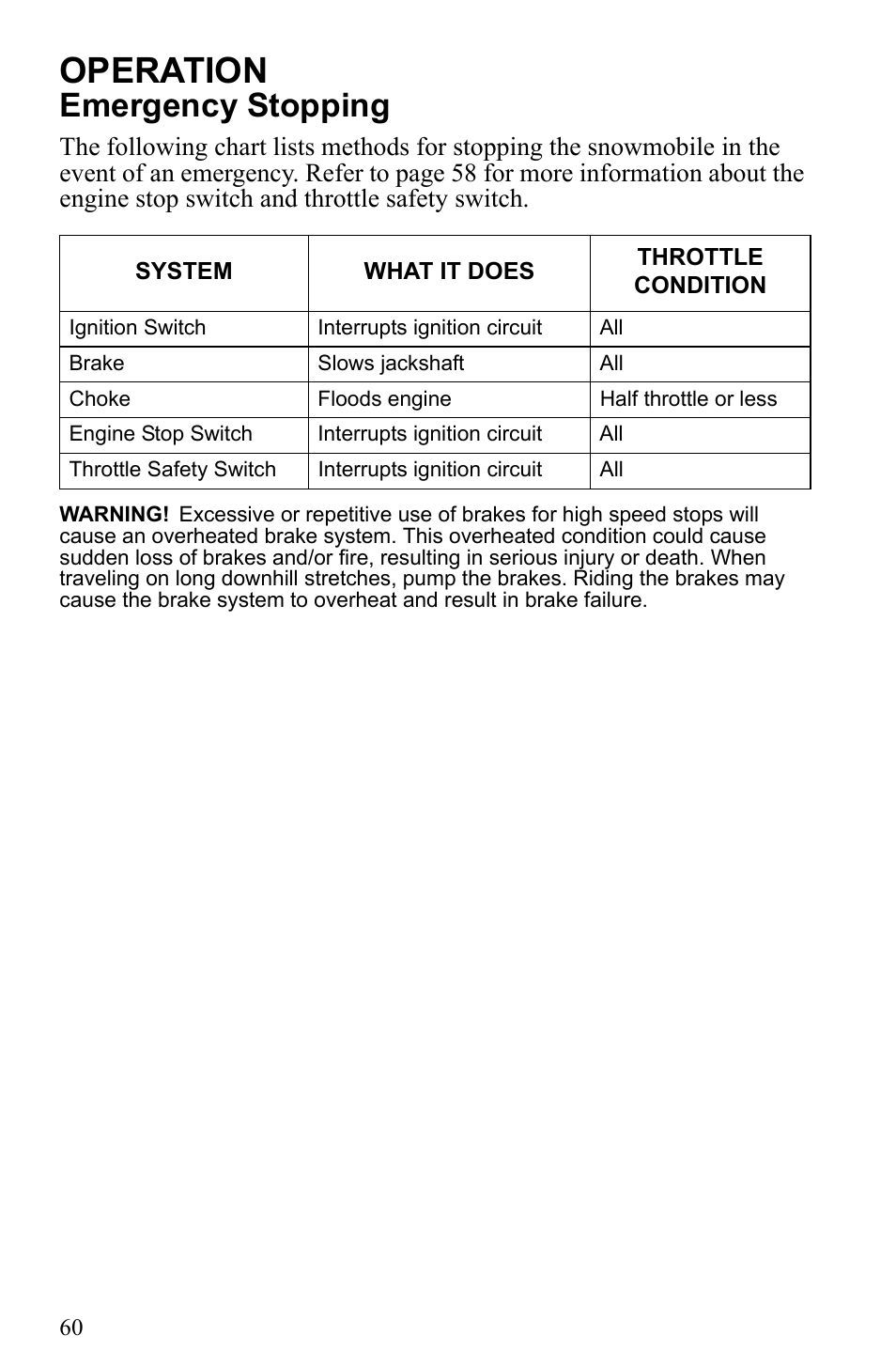 Operation, Emergency stopping | Polaris 2010 Trail RMK User Manual | Page 63 / 133