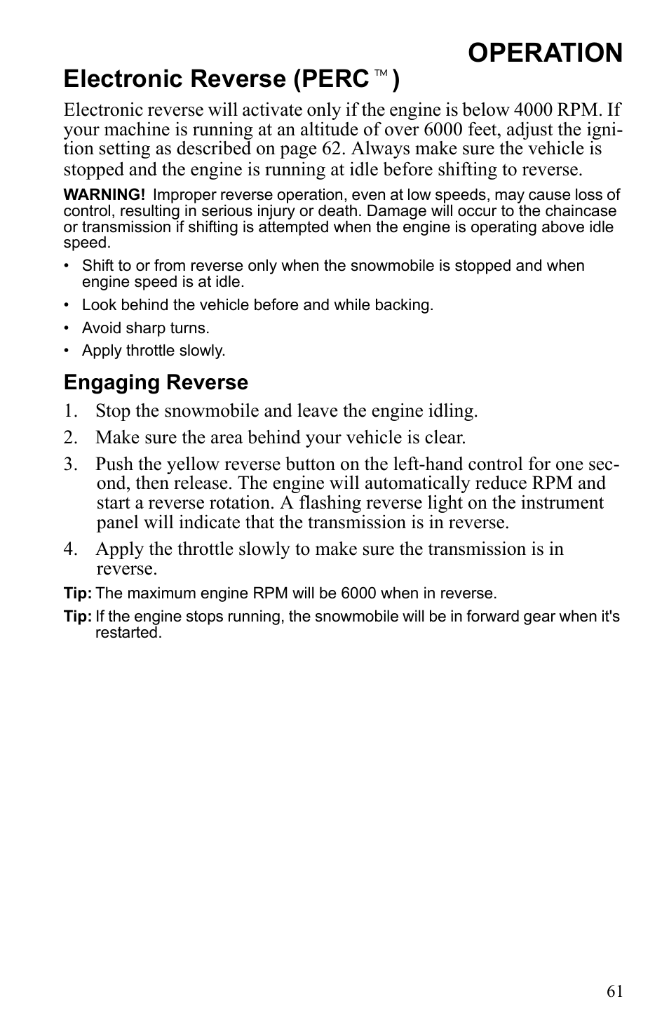 Operation, Electronic reverse (perc t ), Engaging reverse | Polaris 2010 Trail RMK User Manual | Page 64 / 133