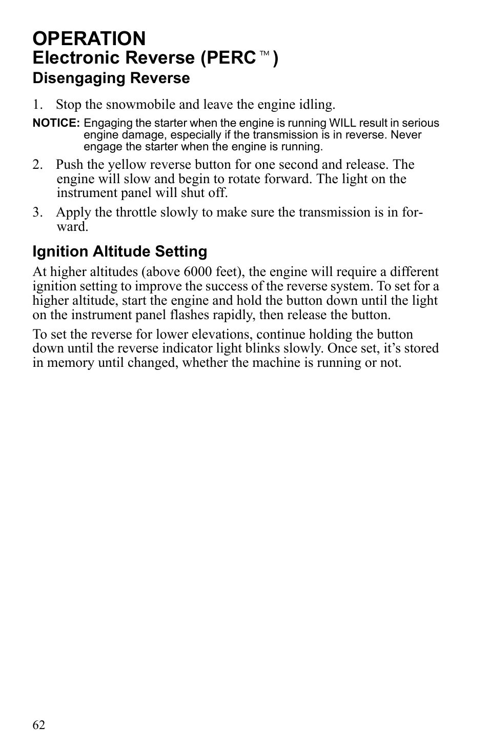 Operation, Electronic reverse (perc t ) | Polaris 2010 Trail RMK User Manual | Page 65 / 133