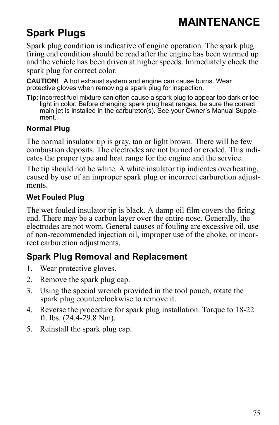 Maintenance, Spark plugs | Polaris 2010 Trail RMK User Manual | Page 78 / 133