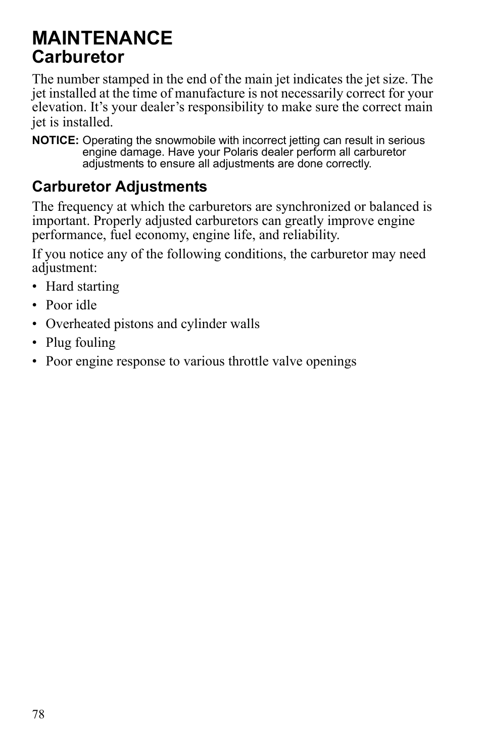 Maintenance, Carburetor | Polaris 2010 Trail RMK User Manual | Page 81 / 133