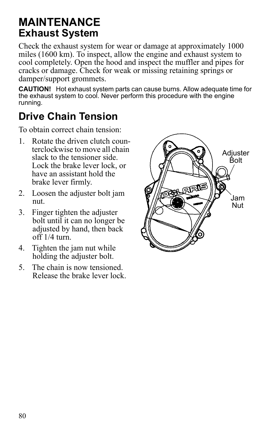 Maintenance, Exhaust system, Drive chain tension | Polaris 2010 Trail RMK User Manual | Page 83 / 133