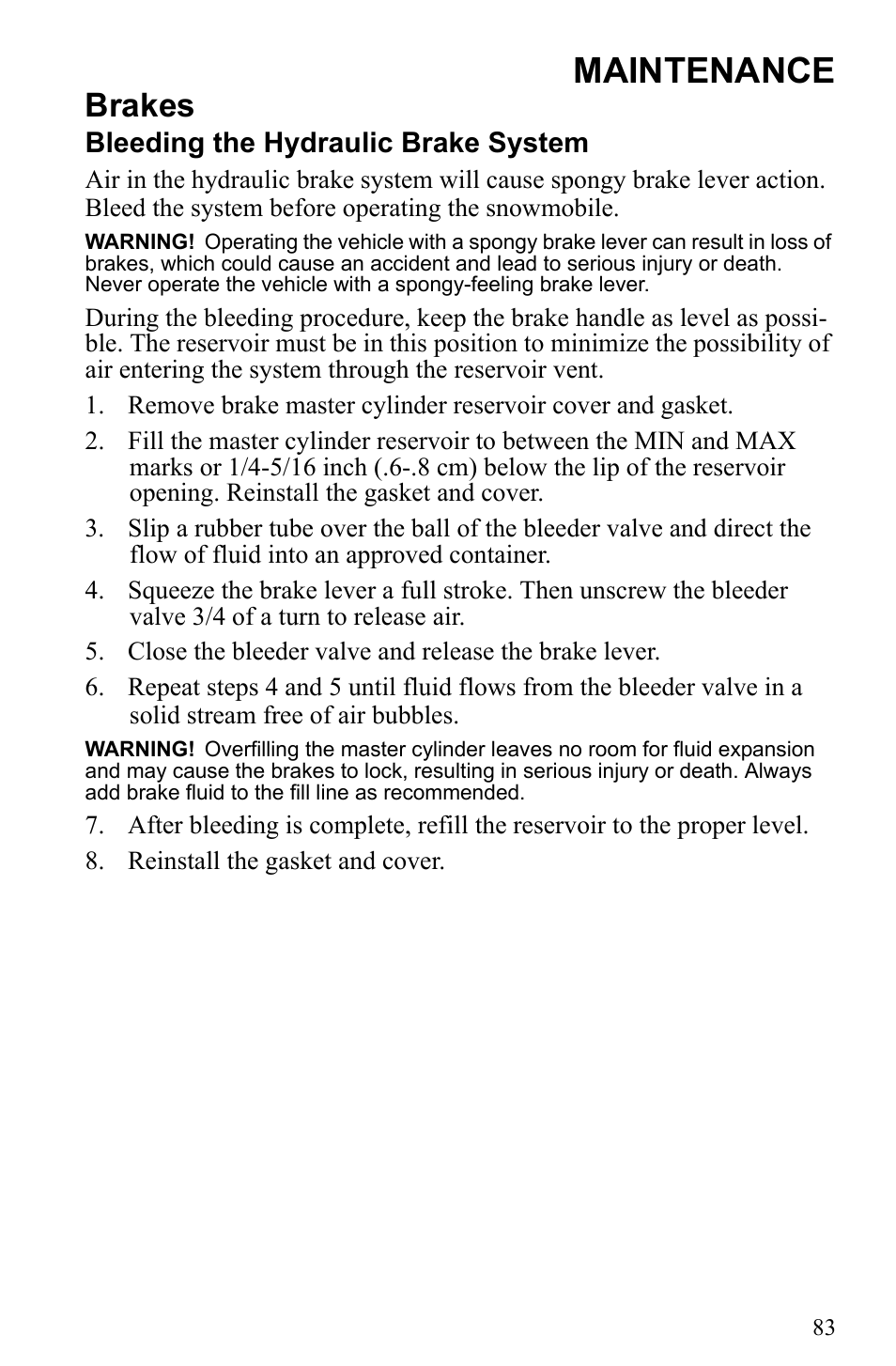 Maintenance, Brakes, Bleeding the hydraulic brake system | Polaris 2010 Trail RMK User Manual | Page 86 / 133