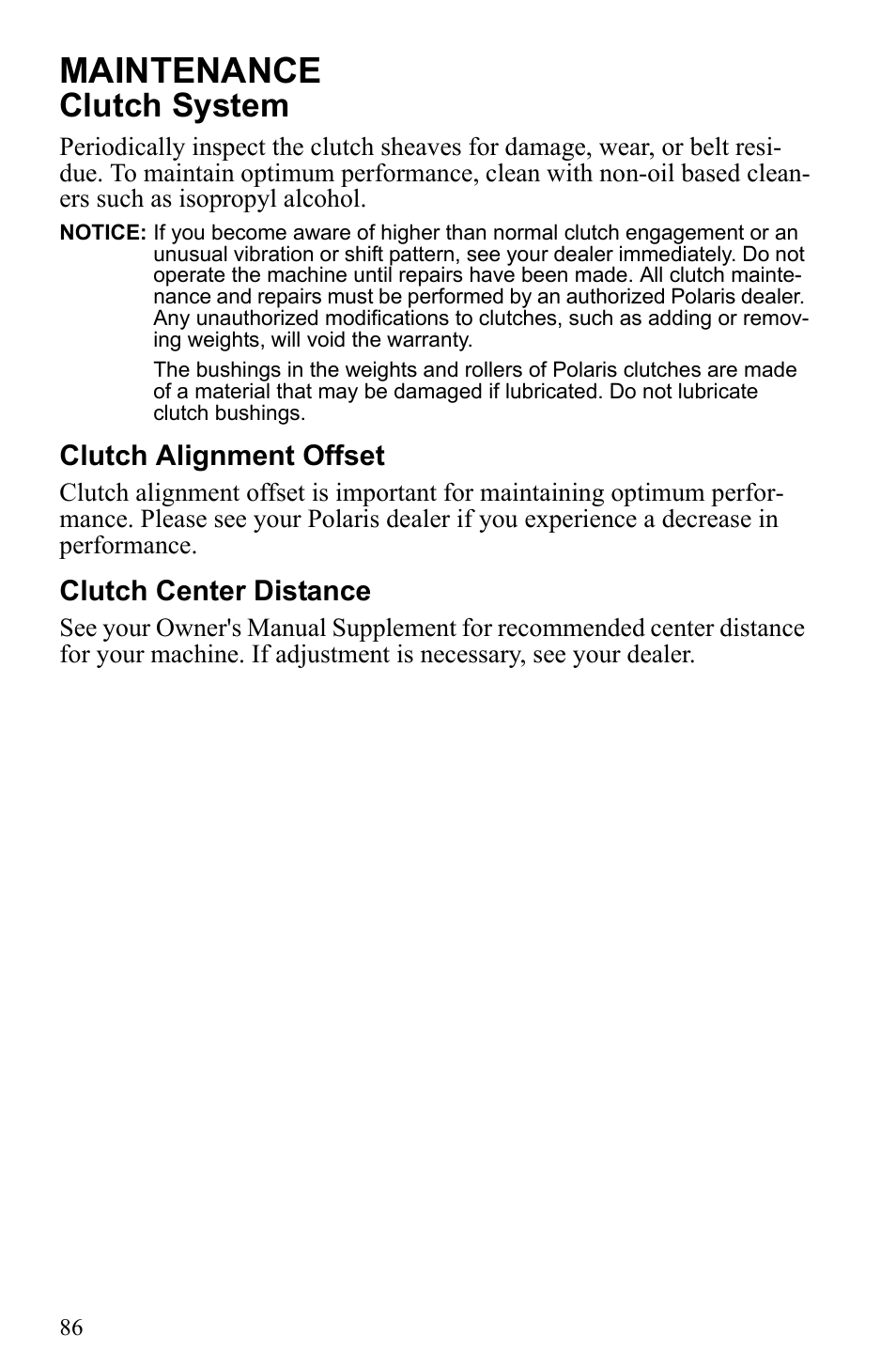 Maintenance, Clutch system, Clutch alignment offset | Clutch center distance | Polaris 2010 Trail RMK User Manual | Page 89 / 133