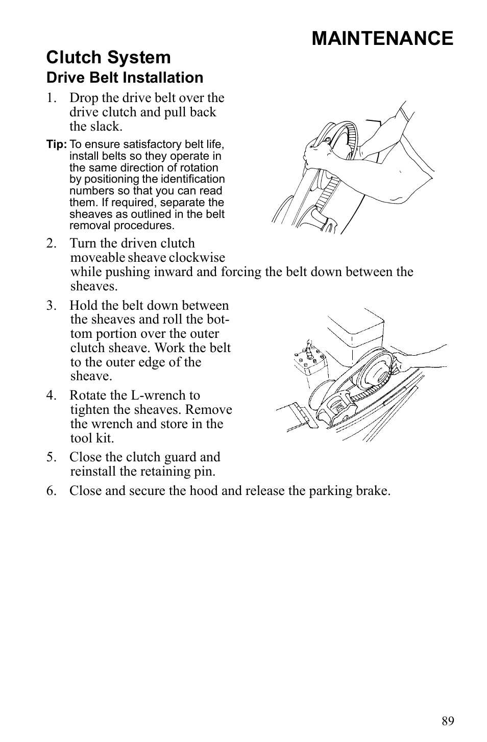 Maintenance, Clutch system, Drive belt installation | Polaris 2010 Trail RMK User Manual | Page 92 / 133