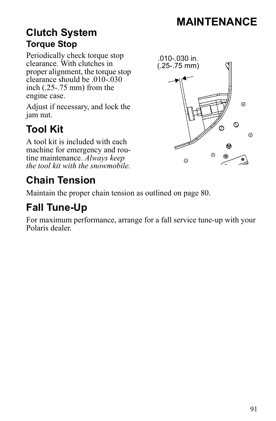 Maintenance, Clutch system, Tool kit | Chain tension, Fall tune-up | Polaris 2010 Trail RMK User Manual | Page 94 / 133