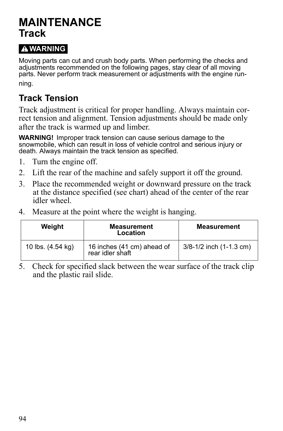 Maintenance, Track, Track tension | Polaris 2010 Trail RMK User Manual | Page 97 / 133