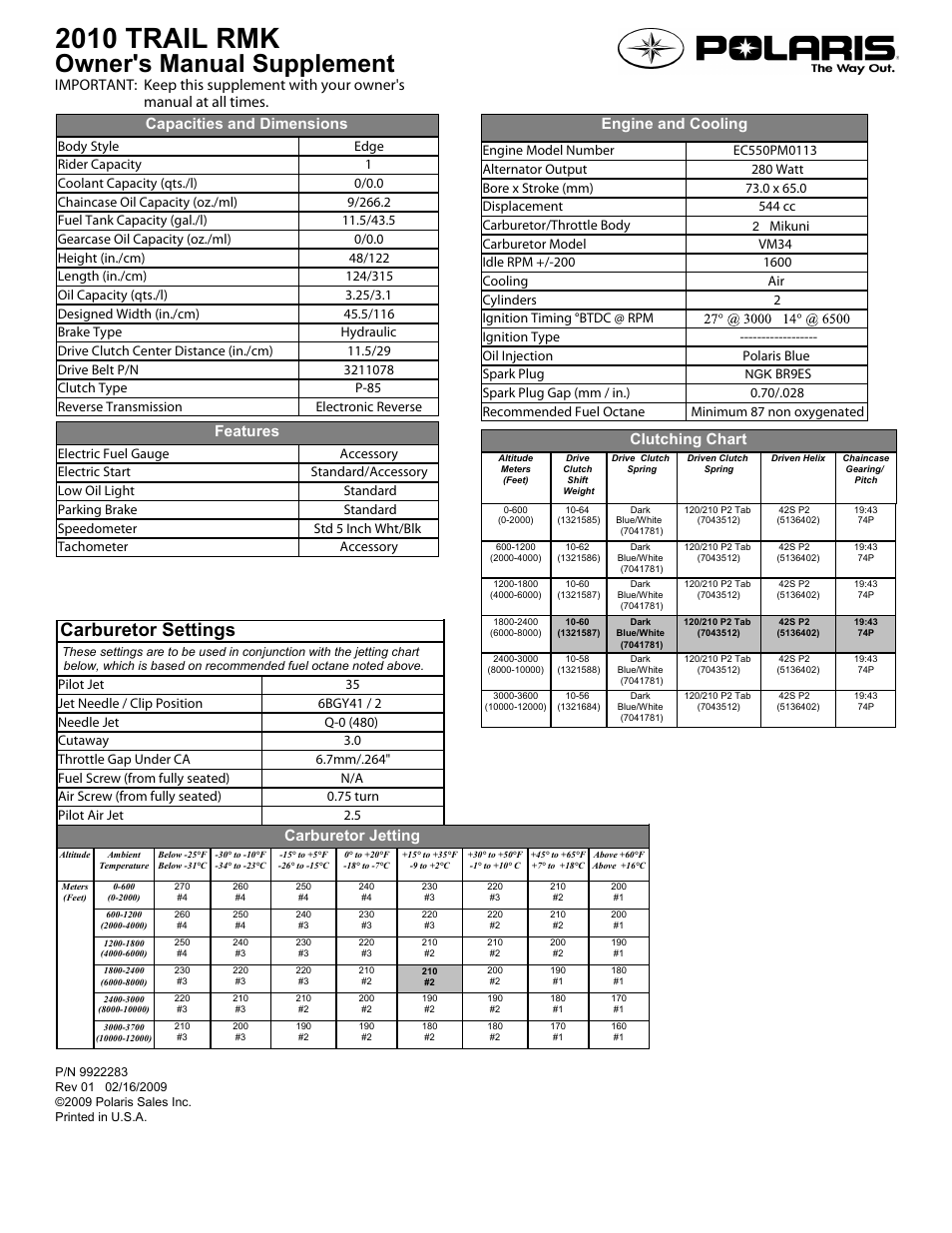 Polaris 2010 Trail RMK User Manual | 1 page