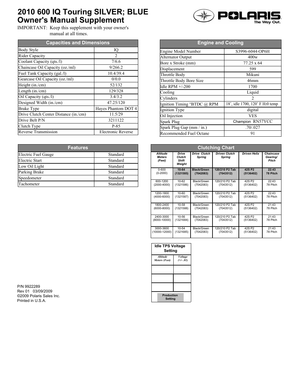 Polaris 2010 600 IQ Touring User Manual | 1 page