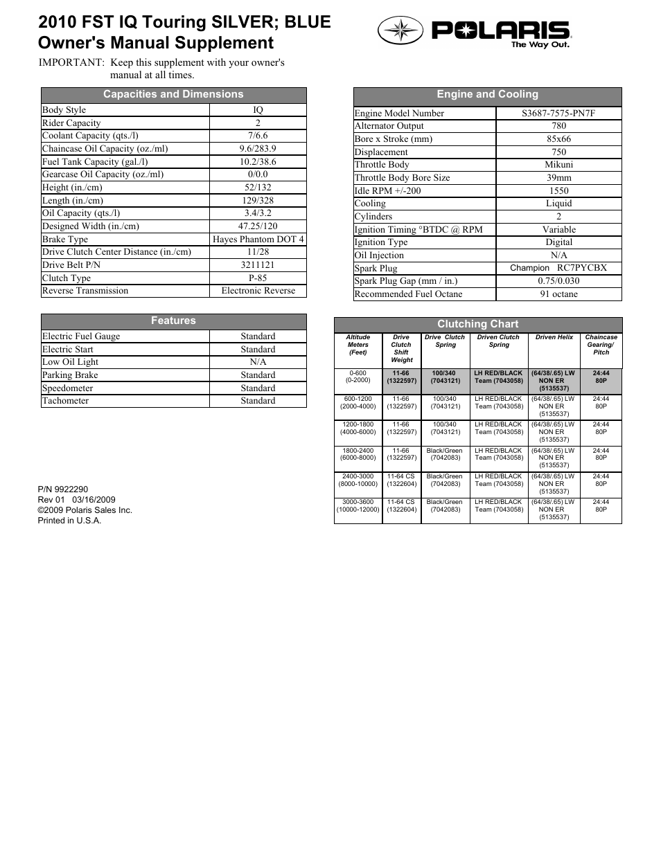 Polaris 2010 FST IQ Touring User Manual | 1 page