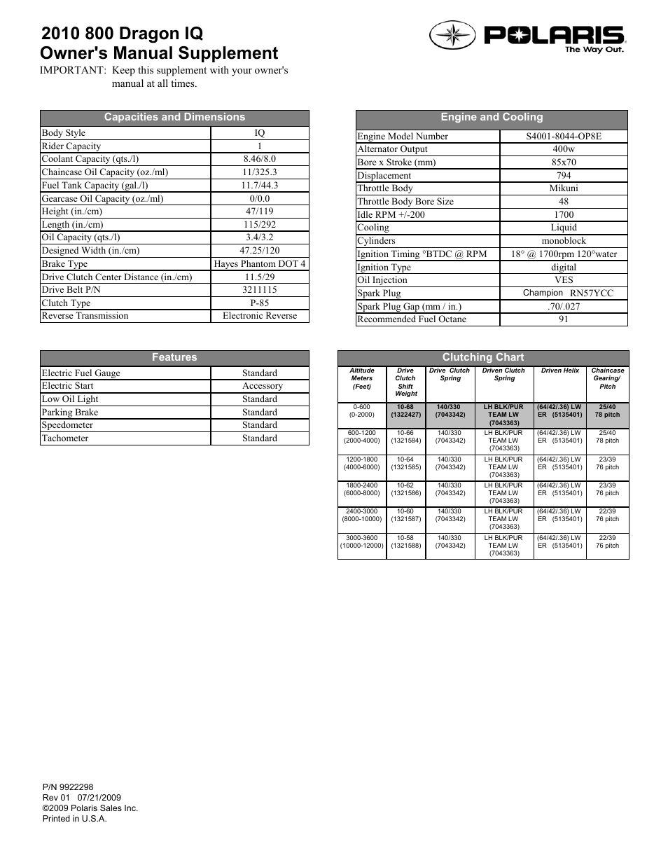 Polaris 2010 800 Dragon IQ User Manual | 1 page