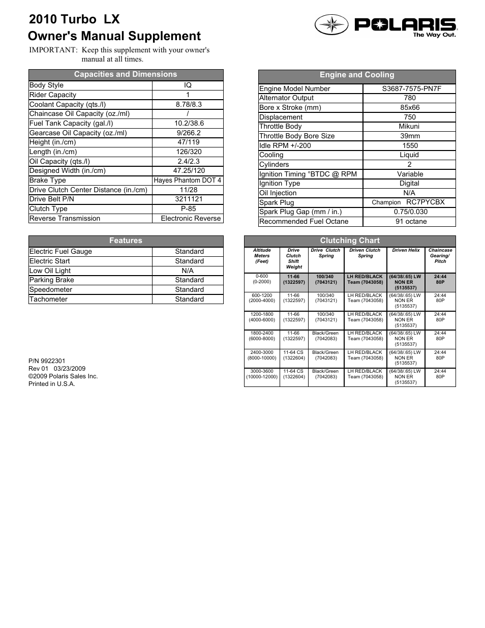 Polaris 2010 Turbo LX User Manual | 1 page