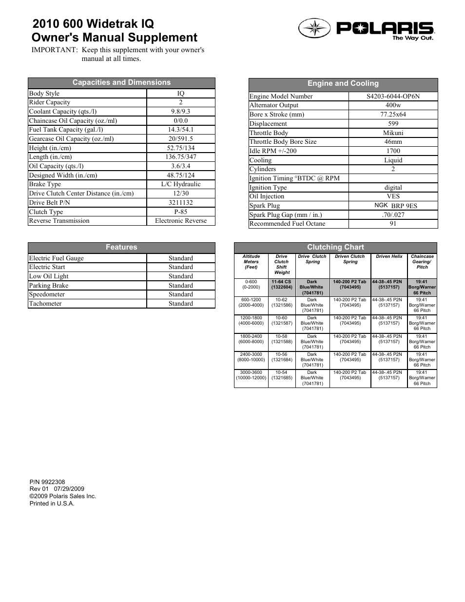 Polaris 2010 600 Widetrak IQ User Manual | 1 page