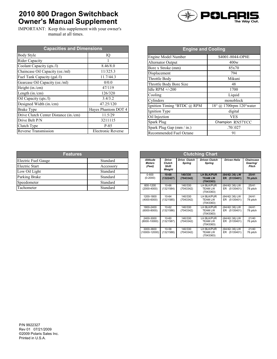 Polaris 2010 800 Dragon Switchback User Manual | 1 page