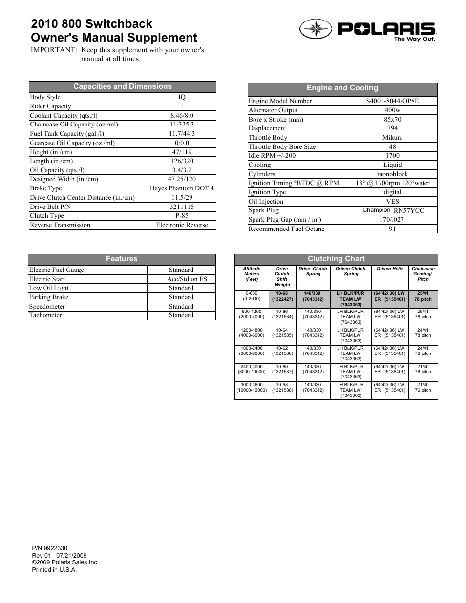 Polaris 2010 800 Switchback User Manual | 1 page