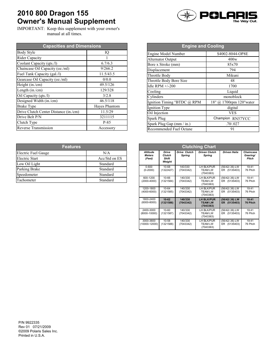 Polaris 2010 800 Dragon 155 User Manual | 1 page