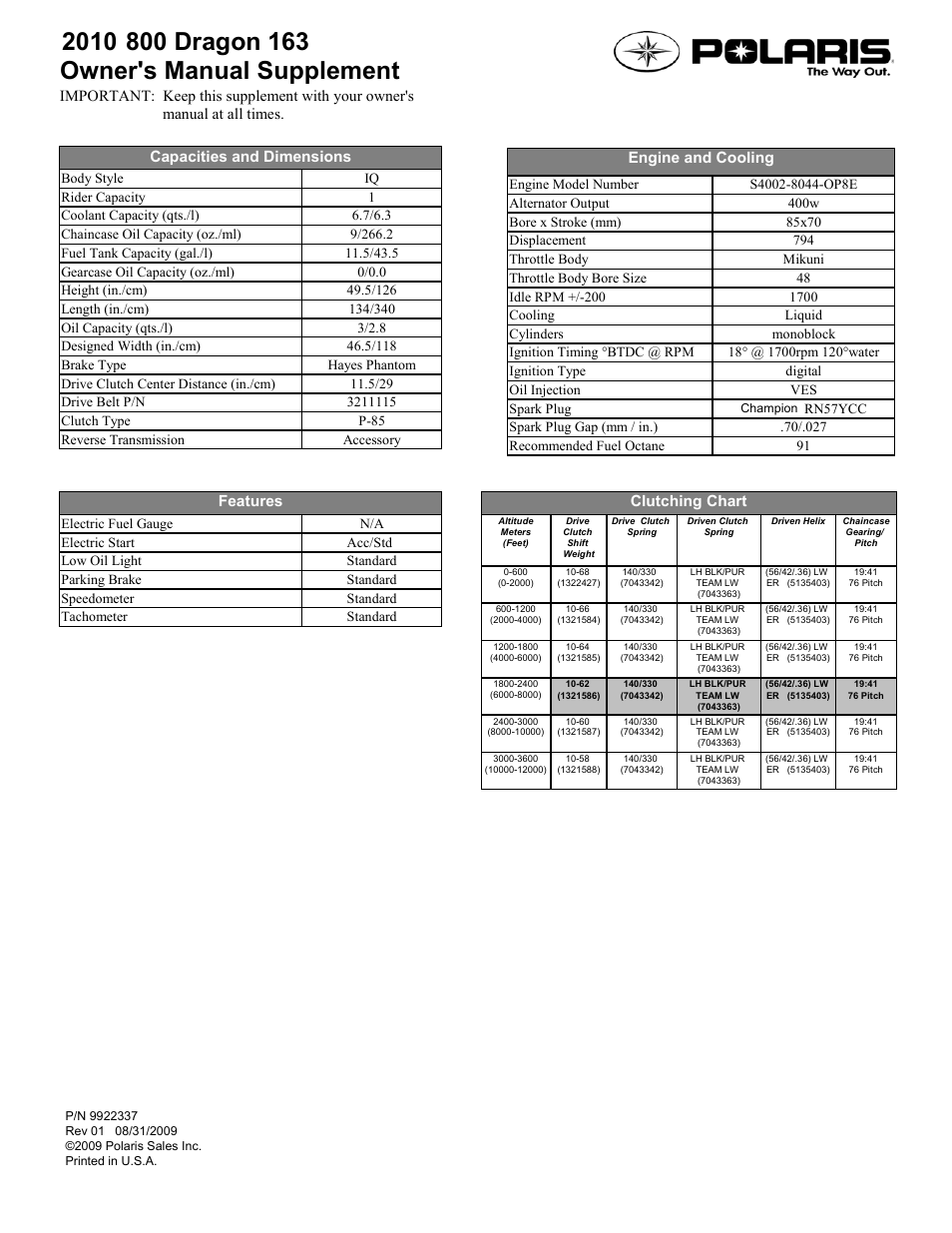 Polaris 2010 800 Dragon 163 User Manual | 1 page