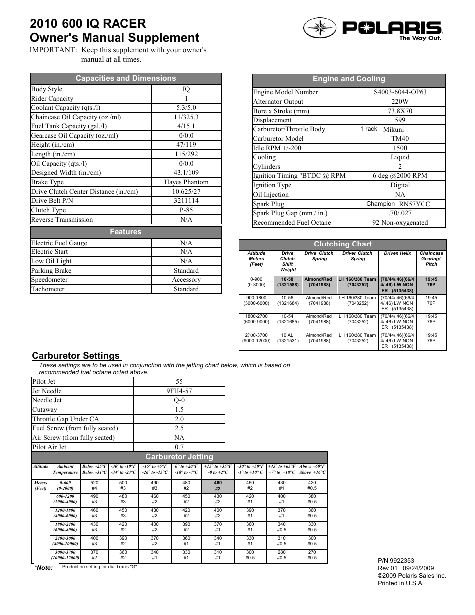 Polaris 2010 600 IQ Racer User Manual | 1 page