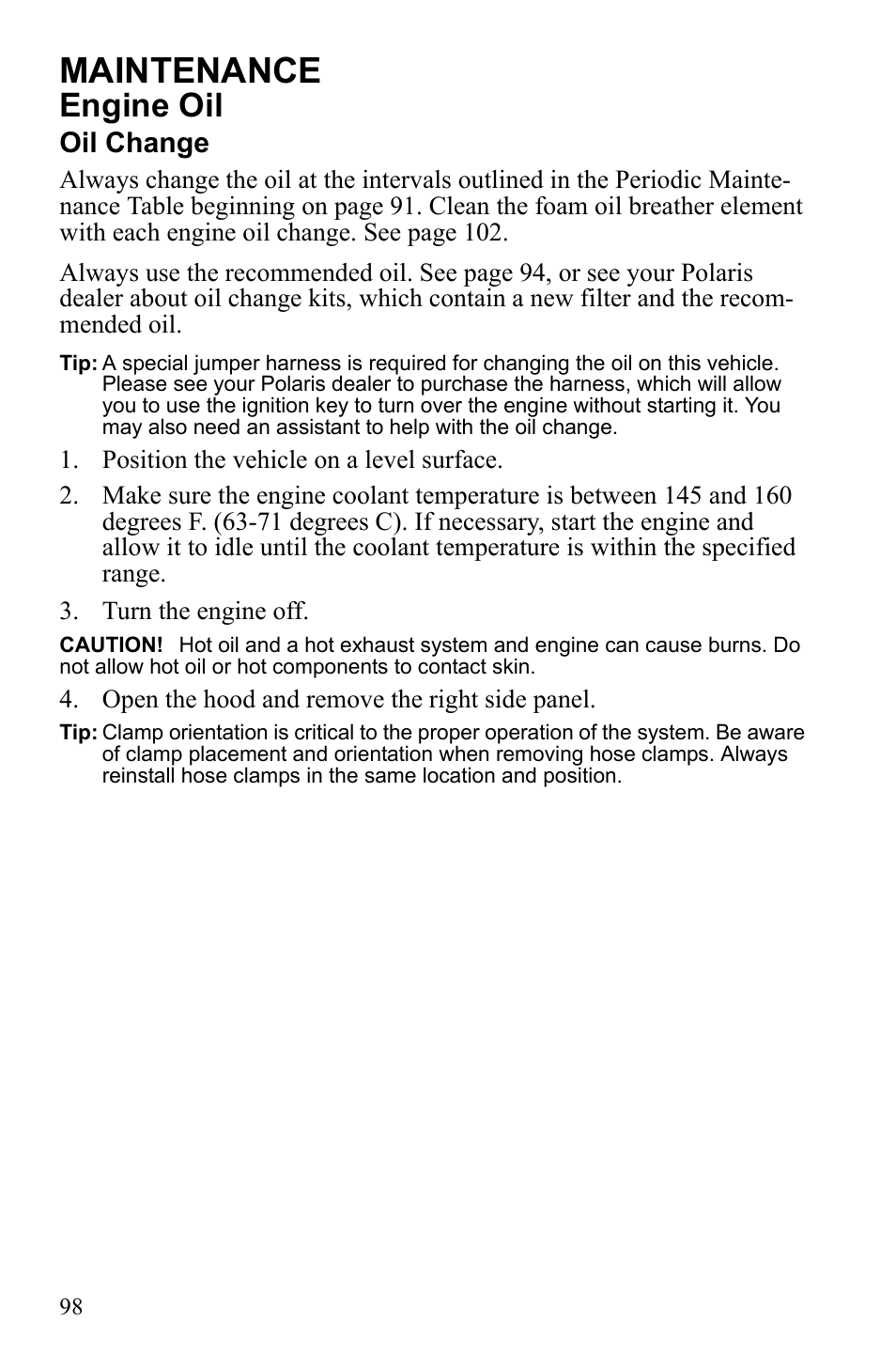 Maintenance, Engine oil, Oil change | Polaris 2010 FST IQ Touring User Manual | Page 101 / 165