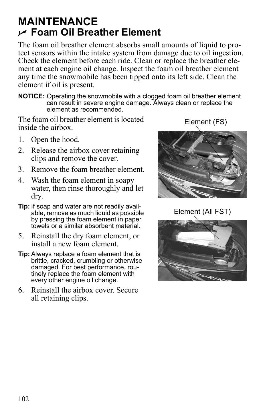 Maintenance, Foam oil breather element | Polaris 2010 FST IQ Touring User Manual | Page 105 / 165