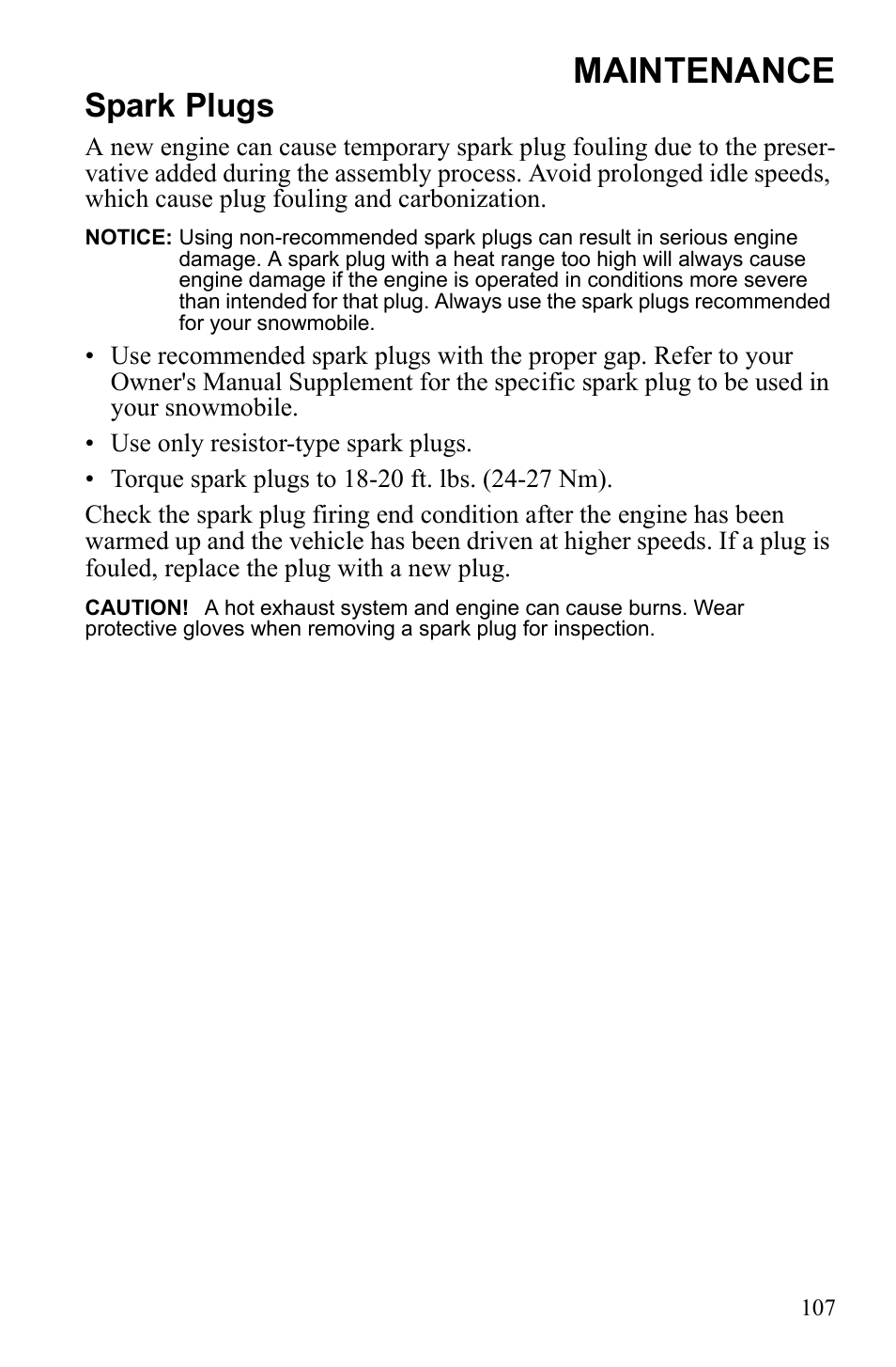 Maintenance, Spark plugs | Polaris 2010 FST IQ Touring User Manual | Page 110 / 165