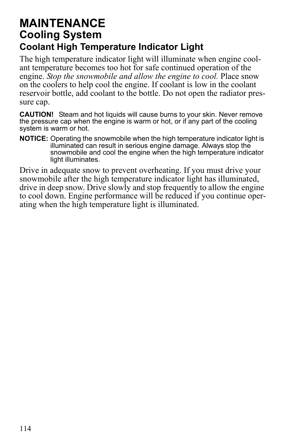 Maintenance, Cooling system, Coolant high temperature indicator light | Polaris 2010 FST IQ Touring User Manual | Page 117 / 165