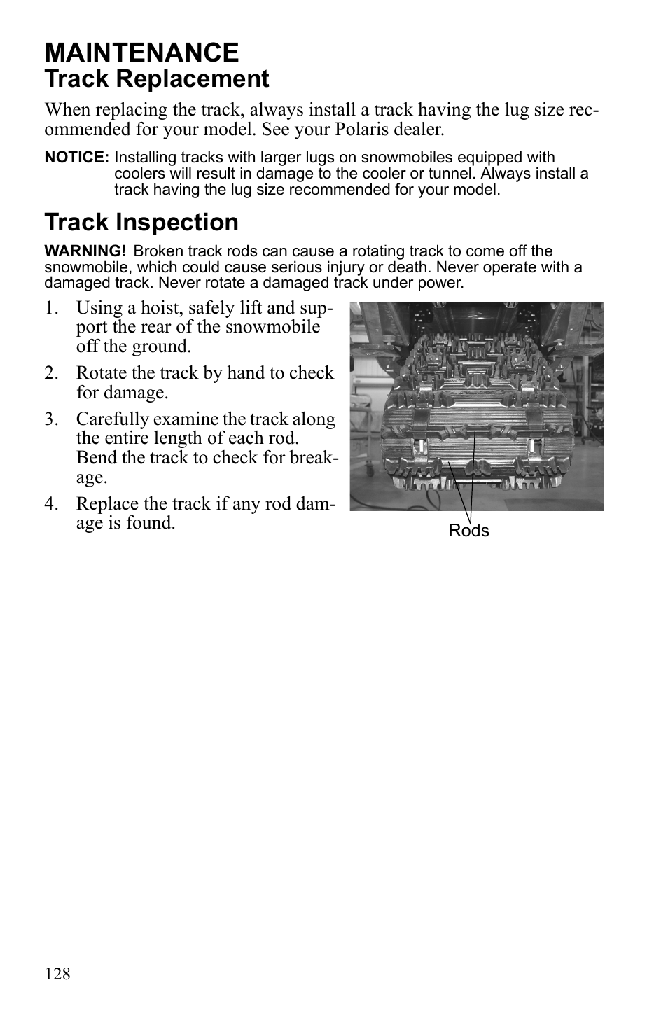 Maintenance, Track replacement, Track inspection | Polaris 2010 FST IQ Touring User Manual | Page 131 / 165