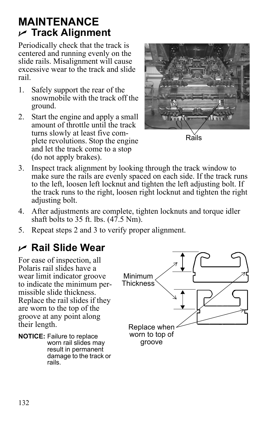 Maintenance, Track alignment, Rail slide wear | Polaris 2010 FST IQ Touring User Manual | Page 135 / 165