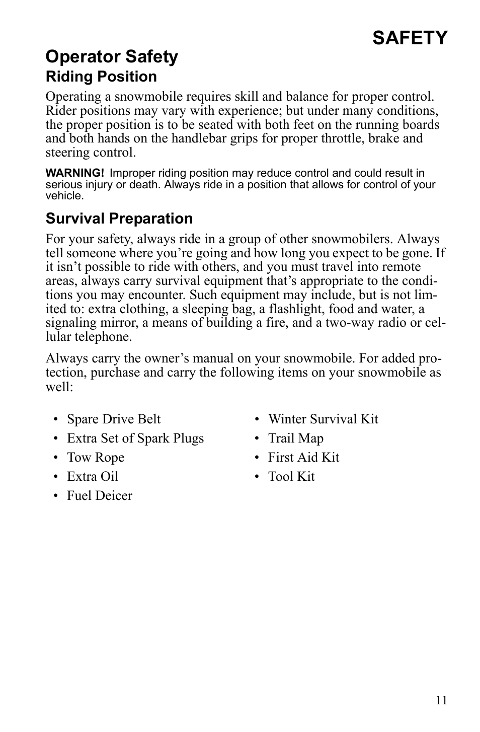 Safety, Operator safety | Polaris 2010 FST IQ Touring User Manual | Page 14 / 165