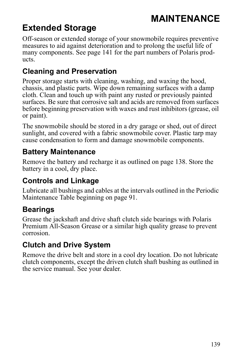 Maintenance, Extended storage | Polaris 2010 FST IQ Touring User Manual | Page 142 / 165