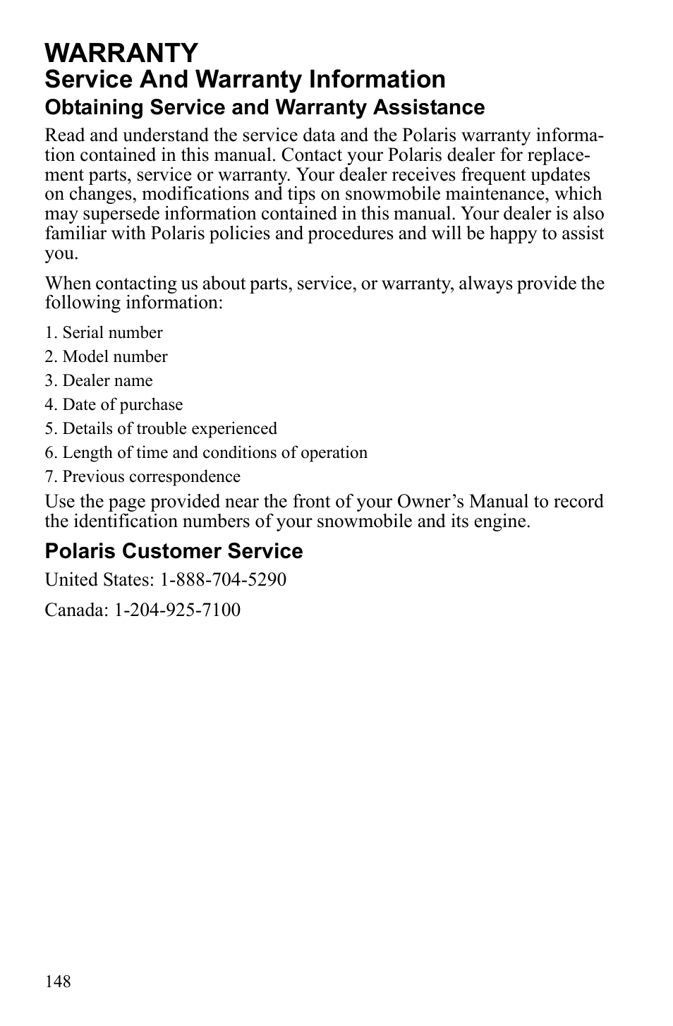 Warranty, Service and warranty information | Polaris 2010 FST IQ Touring User Manual | Page 151 / 165