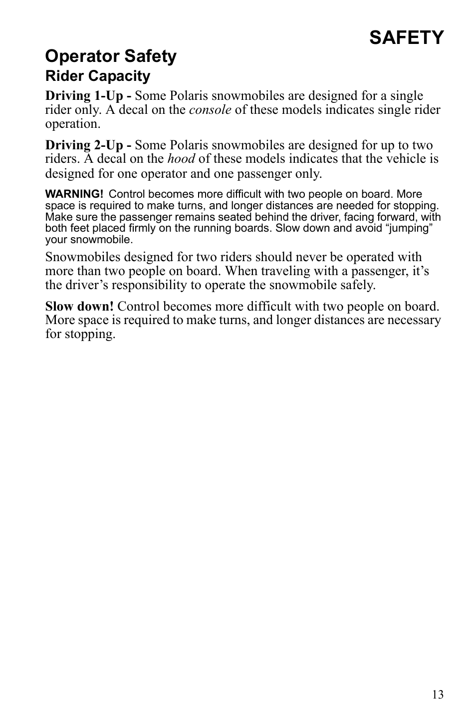 Safety, Operator safety | Polaris 2010 FST IQ Touring User Manual | Page 16 / 165
