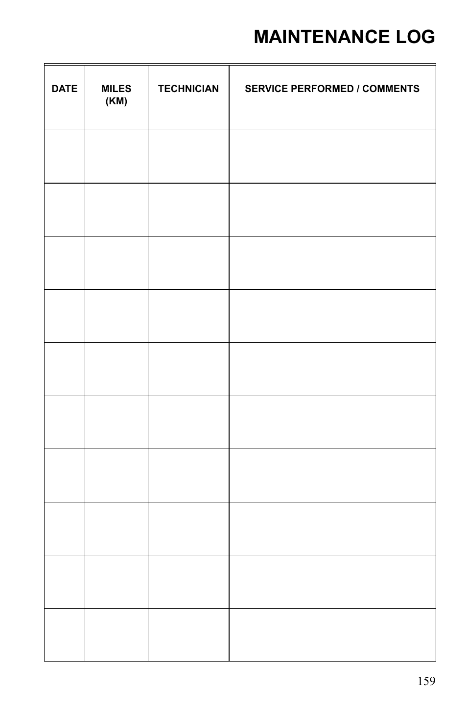 Maintenance log | Polaris 2010 FST IQ Touring User Manual | Page 162 / 165