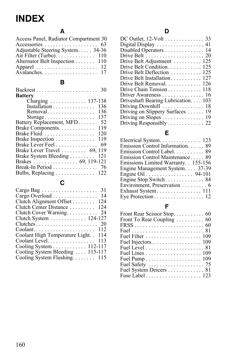 Index | Polaris 2010 FST IQ Touring User Manual | Page 163 / 165