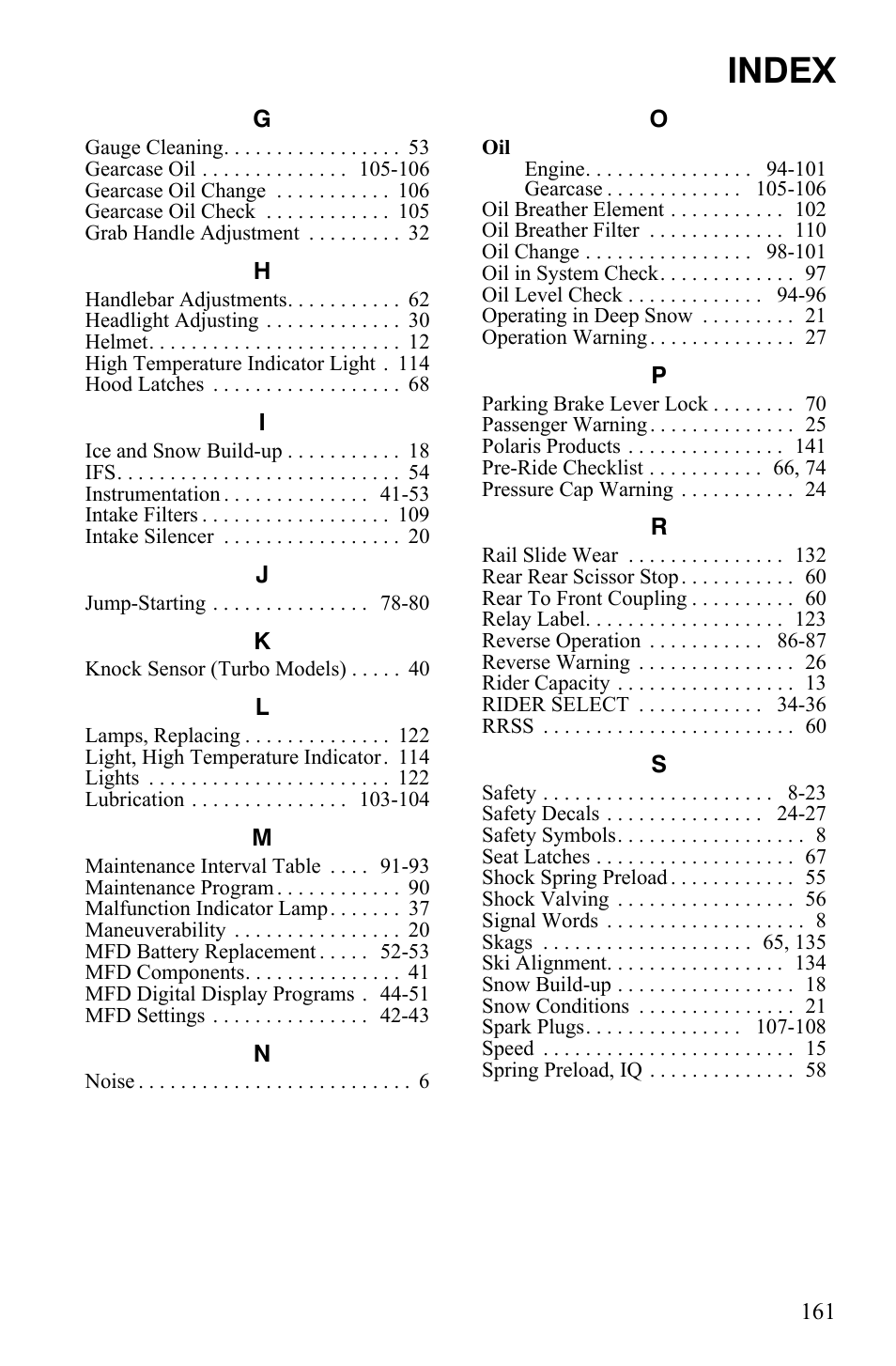 Index | Polaris 2010 FST IQ Touring User Manual | Page 164 / 165