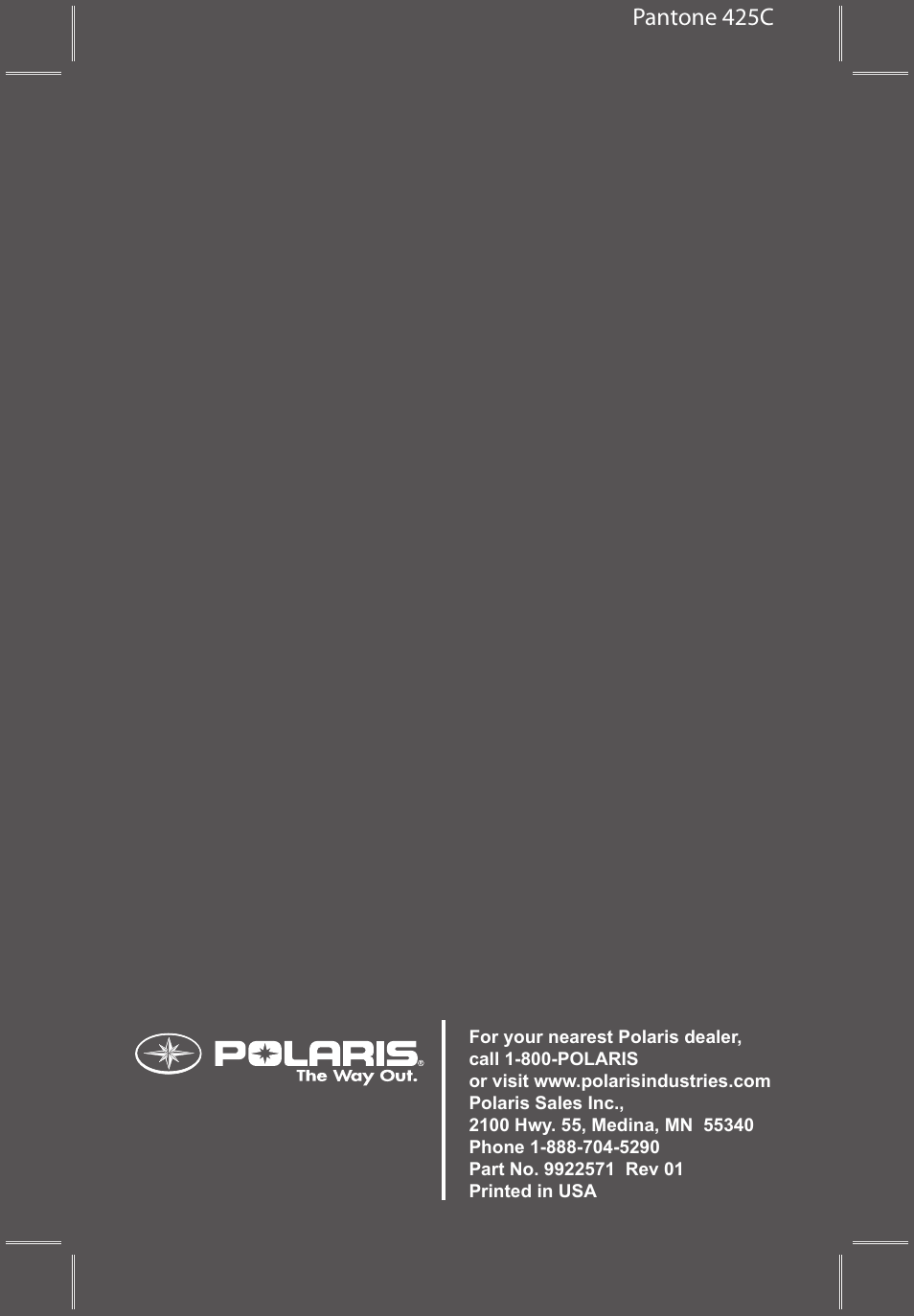 Pantone 425c | Polaris 2010 FST IQ Touring User Manual | Page 2 / 165